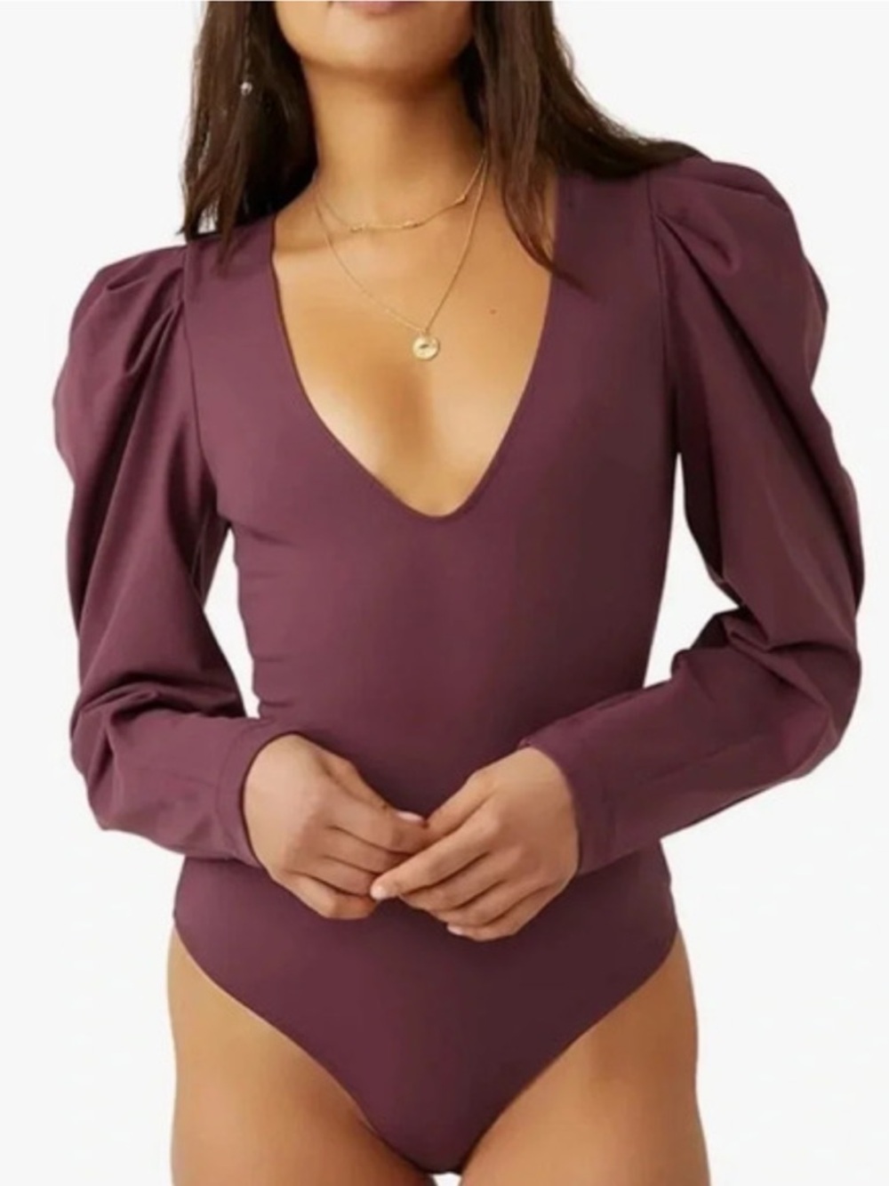 Intimately Free People Va Va Voop dark purple long puff sleeve v-neck bodysuit